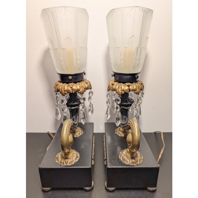 1930s Art Deco Mantel Boudoir Lamps With Crystal Drops and Skyscraper Shades - a Pair For Sale - Image 9 of 13