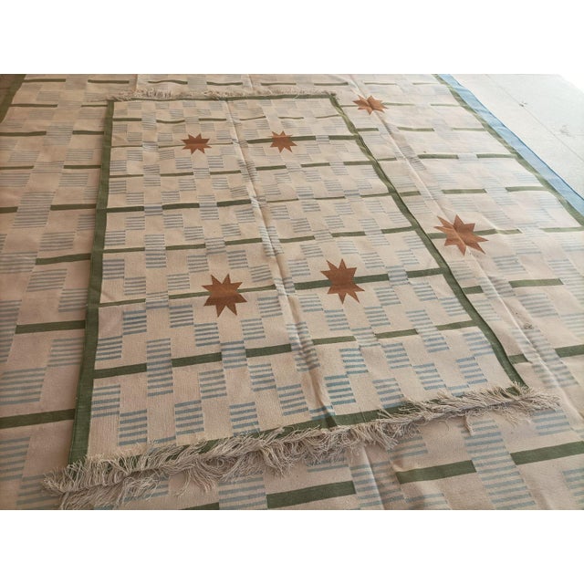 Handmade Cotton Vegetable Dyed Area Rug, Cream, Sky Blue, Sage Green Star Dash Dhurrie-8x10 For Sale - Image 9 of 12