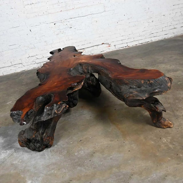 Mid 20th Century Vintage Rustic Handcrafted Free Form Live Edge Solid Slab Burl Redwood Very Large Coffee Table For Sale - Image 5 of 13