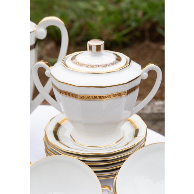 Tea Set for 12, Limoges Porcelain, Gold Rim, Classic Greek Key Pattern (27 Pieces), 1930s, Set of 27 For Sale - Image 3 of 9