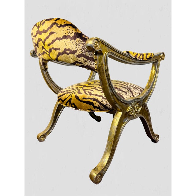 Vintage Curule Style Chair Pair Newly Upholstered Silk Tiger Velvet For Sale In Greensboro - Image 6 of 15