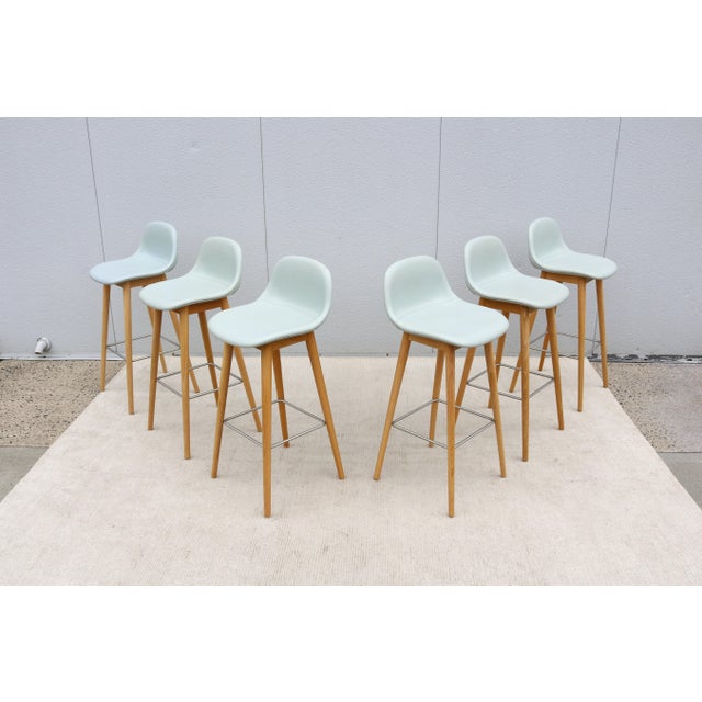 Mid-Century Modern Danish Iskos-Berlin for Muuto Blue Leather Fiber Bar Stools Wood Base - Set of 6 For Sale - Image 3 of 18
