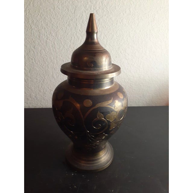 Indian 1970s Solid Brass Etched Lidded Urn Vase Made in India For Sale - Image 3 of 7