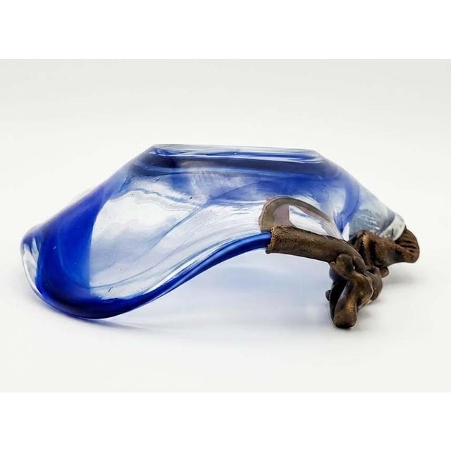 1980s Vintage Signed Filip Ravert Romanian Studio Art Glass Bowl With Sculptural Bronze Overlay For Sale In Las Vegas - Image 6 of 7