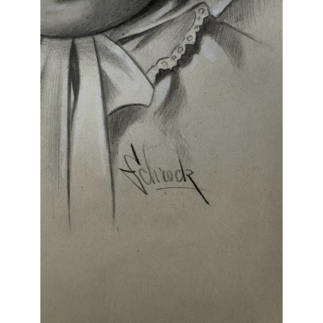 1940s 1940s Original Signed Graphite Illustration of Smiling Young Girl in Bonnet, 11 × 9 In. For Sale - Image 5 of 6