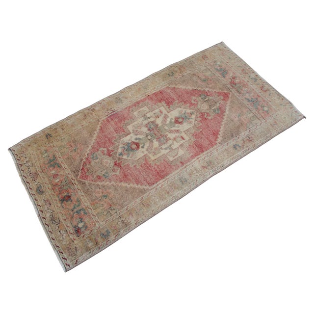 1970s Distressed Low Pile Turkish Yastik Petite Rug Faded Mat - 22'' X 44'' For Sale - Image 4 of 13