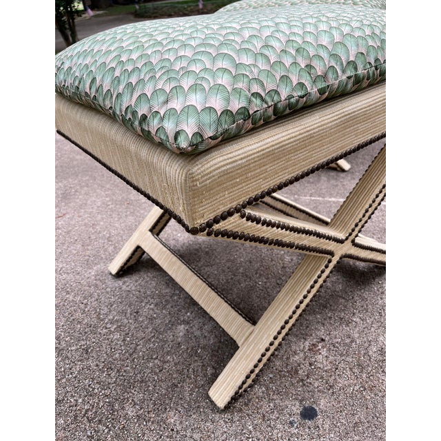 Jade 1960s Pair of Mid-Century X Form Benches With Antique Brass Nailheads For Sale - Image 8 of 11