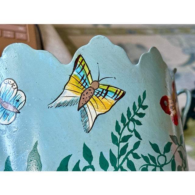 Metal Vintage Toleware (Tole Ware) Butterfly Cachepot – Teal Hand‑Painted Metal Planter / Jardiniere For Sale - Image 7 of 10