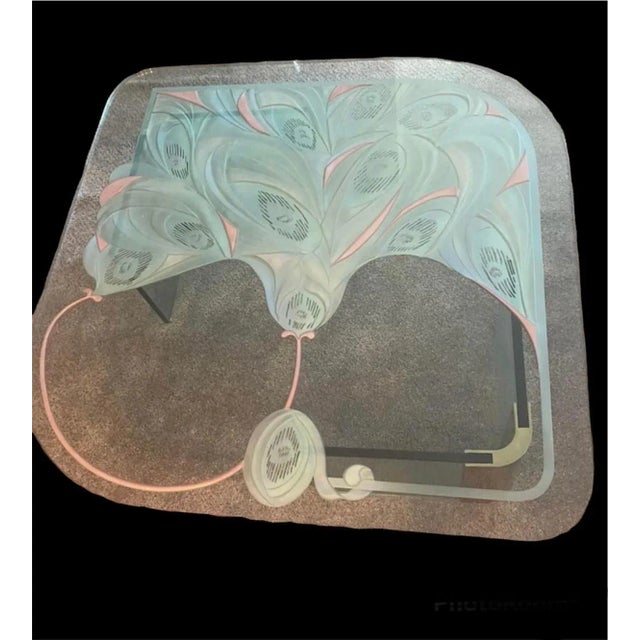 1980s Art Deco Style Sculptural Colored Etched Glass Coffee Table With Pace Brass Base For Sale - Image 11 of 12