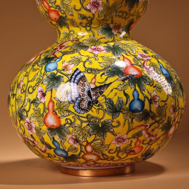 Late 20th Century Pair of Gilt Bronze Cloisonné Enamel Double-Gourd Vases With Butterfly and Gourd Motif For Sale - Image 10 of 10