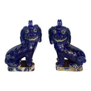 19thC. Oversized Chinese Cobalt Blue Glazed Earthenware Models of Mythical Beast