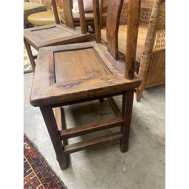 Vintage Pair Asian Elmwood Oriental Wood Yoke Back Dining / Side Chairs For Sale - Image 15 of 18