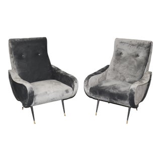 Pair Velvet Zanuso Style Italian Ebonized Brass Mid Century Modern Lounge Chairs For Sale