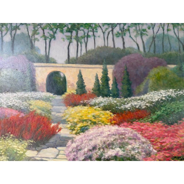 1990s 1990's Joe Yu Impressionist Garden Entrance Landscape Oil on Canvas Painting – Framed For Sale - Image 5 of 12