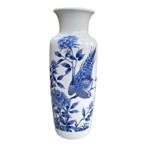 Vintage Asian Blue & White Porcelain Vase - 14” Tall