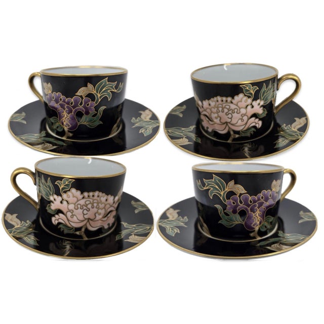 Fitz & Floyd Cloisonné Peony Ff 75, Black - Retired Collection of 4 Settings / Dinner Plates , Accent Plates and Four Cups With Saucers For Sale - Image 10 of 12