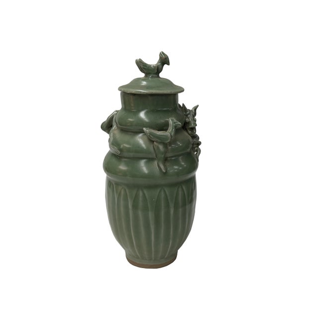 Vintage Oriental Dragon Motif Celadon Glaze Ceramic Art Jar For Sale - Image 10 of 10