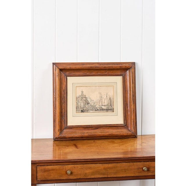 Original 19th Century Gauche + Watercolor Harbor Scene in Chunky Oak Frame