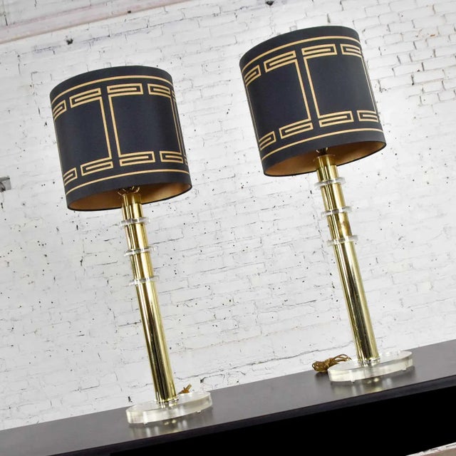 Metal Modern Hollywood Regency Lucite & Brass Plate Lamps Black Shades Style Karl Springer - a Pair For Sale - Image 7 of 12