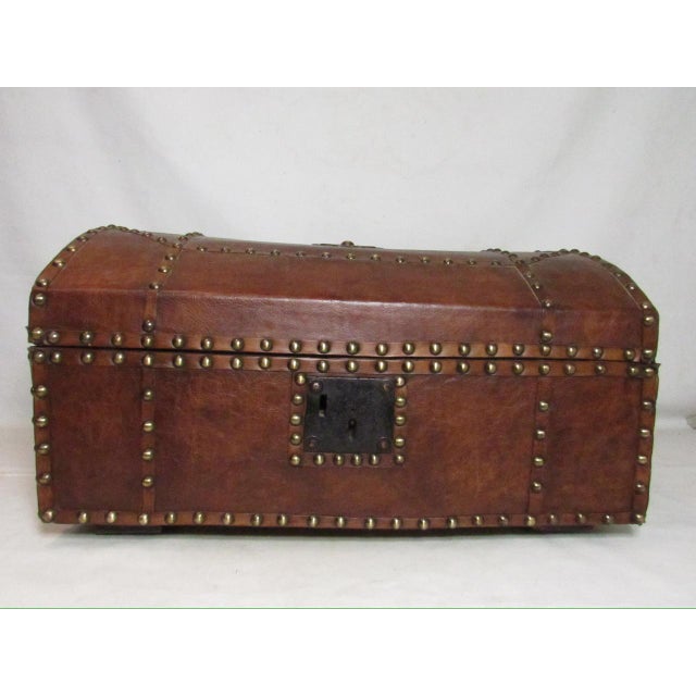 Rustic European Antique Spanish Leather Bound Trunk For Sale - Image 3 of 17