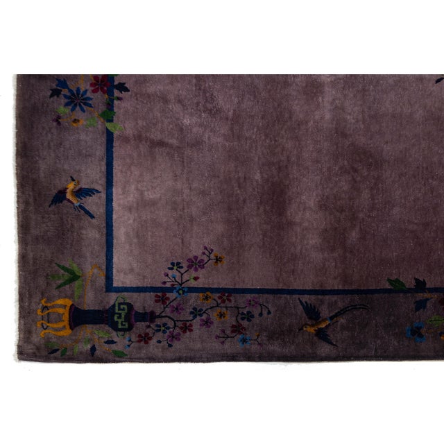 Antique Chinese Art Deco Rug Plum Purple Wool Floral & Bird Motif 9x12 For Sale - Image 11 of 11