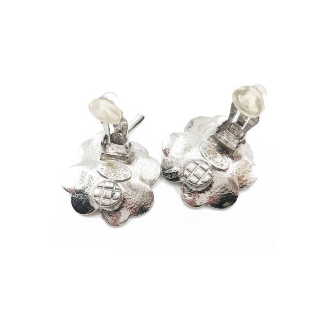 Chanel Silver CC Crystal Pink Enamel Clover Clip on Earrings *Marked 04 *Made in France *Comes with the original dustbag...