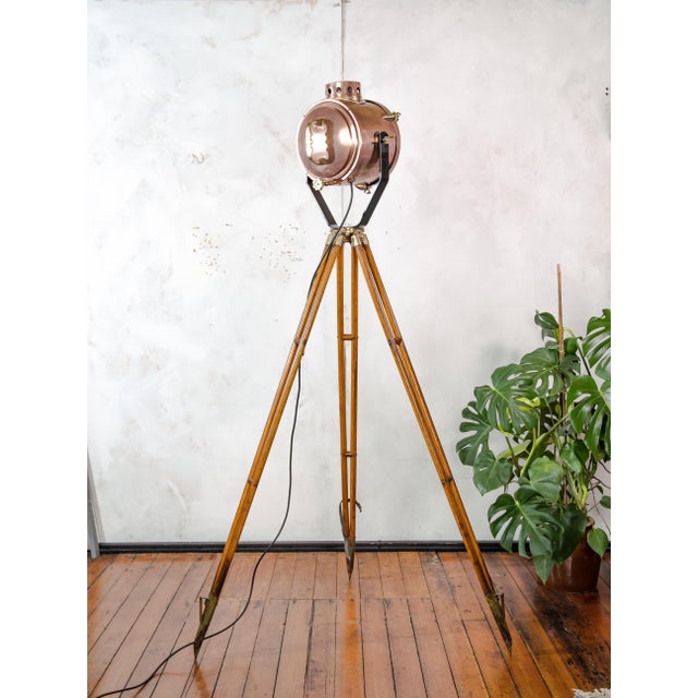 1930s Searchlight Spotlight Floor Lamp in Copper and Brass on Wooden Tripod by Francis Bolton, 1930s For Sale - Image 5 of 18