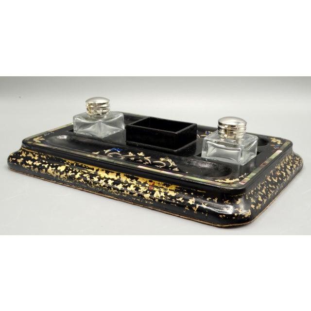 Metal Antique English Double Inkwell Desk Organizer For Sale - Image 7 of 12