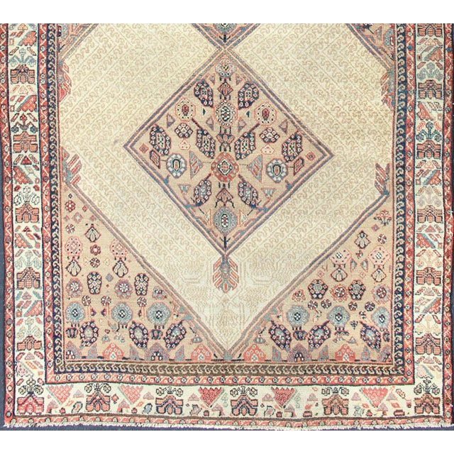 Tribal Antique Persian Serab Gallery Runner With Camelhair Field and Geometric Motifs For Sale - Image 3 of 11