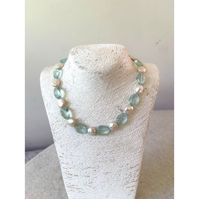 Contemporary Freshwater, Pearl and Glass Aquamarine Color Beaded Necklace For Sale - Image 3 of 3