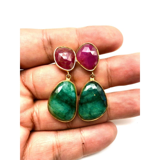 Bochic "Capri" Ruby & Multi Rough Cut Emerald Earrings Set In 18K Gold & Silver For Sale - Image 4 of 18
