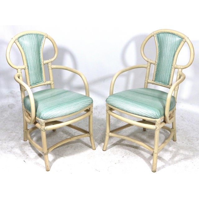 Mid 20th Century Mid-Century Modern Willow & Reed Rattan Bamboo Armchairs in Brunschwig & Fils Upholstery - a Pair For Sale - Image 5 of 7