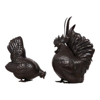 Japanese Meiji Period Pair of Bronze Sculptures Okimono of Rooster & Hen For Sale