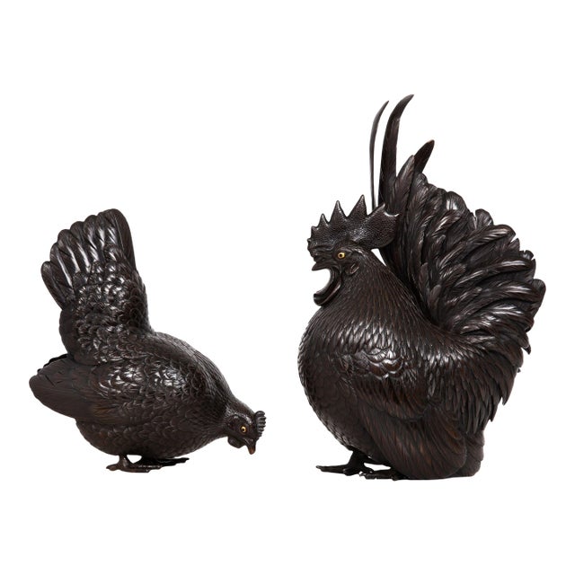 Japanese Meiji Period Pair of Bronze Sculptures Okimono of Rooster & Hen For Sale