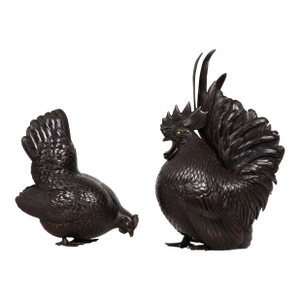 Japanese Meiji Period Pair of Bronze Sculptures Okimono of Rooster & Hen