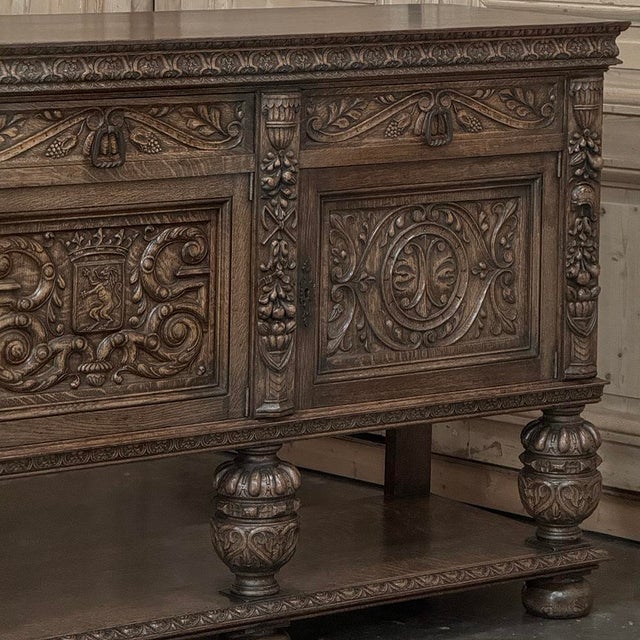 Burnt Umber Antique French Renaissance Raised Buffet in Carved Oak For Sale - Image 8 of 18