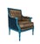 The chair frame is finished in a vibrant peacock blue lacquer, with delicately carved classic scrollwork along the edges,...