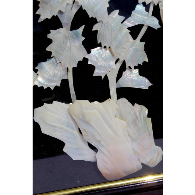 Shell Vintage Chinese Mother-of-Pearl Inlay Chrysanthemum Wall Panels – Ornate Carved Wood Frames – Chinoiserie Asian Decorative Art (Pair) For Sale - Image 7 of 13