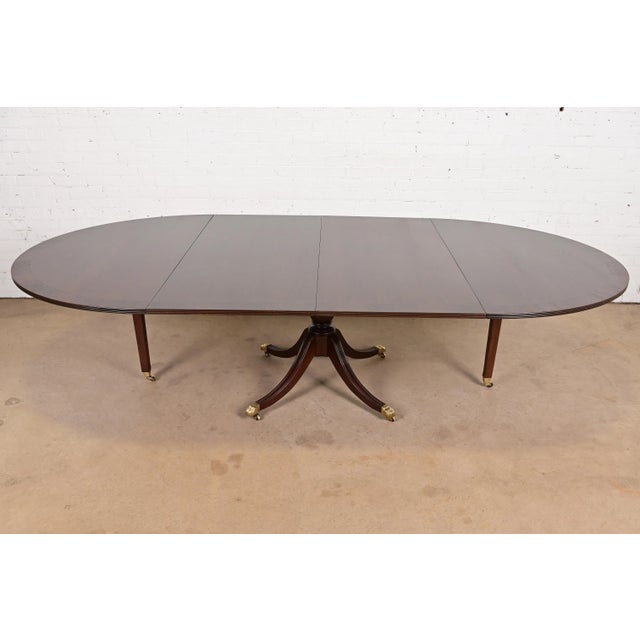 Brown Baker Furniture Style Georgian Banded Mahogany Pedestal Extension Dining Table, Newly Refinished For Sale - Image 8 of 13