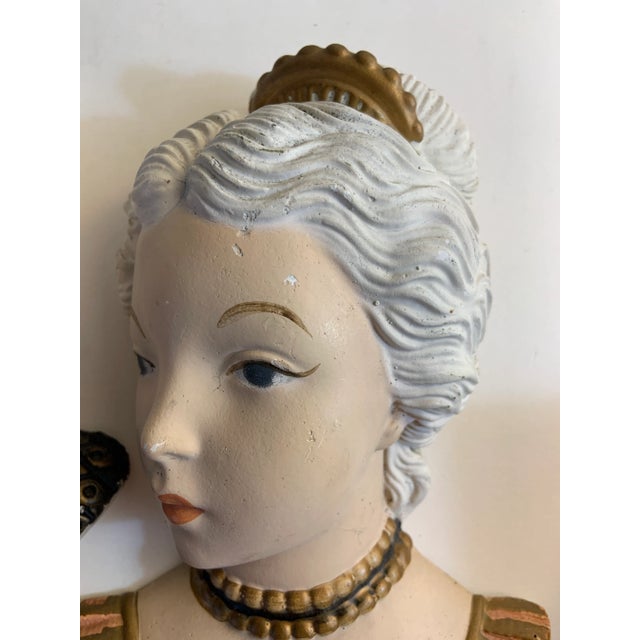 Mid-Century Modern 1940 Painted Chalk Ware Women Heads Bas Relief - a Pair For Sale - Image 3 of 9