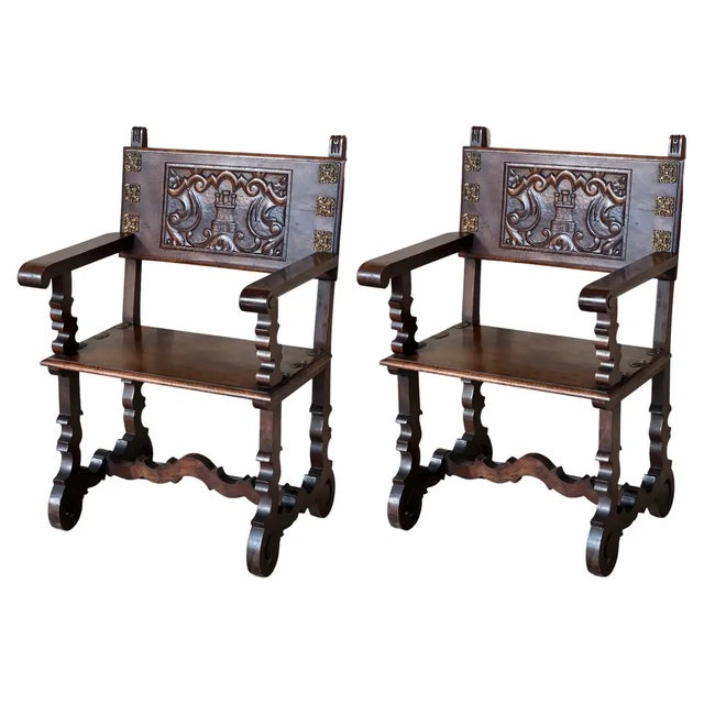 19th Century Spanish Colonial Altar Carved Armchairs With Wood Seat & Back For Sale - Image 11 of 11