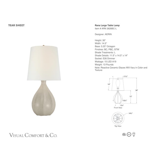 AERIN by Visual Comfort Signature Rana Large Table Lamp in Bone Craquelure with Linen Shade Designer: AERIN Height: 30"...