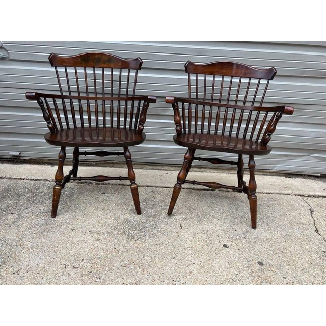 Pair Of Hitchcock Style Colonial Windsor Captain Spindle Back Dark Solid Wood Armchairs 1 Chair marked Hitchcock 1 Similar...