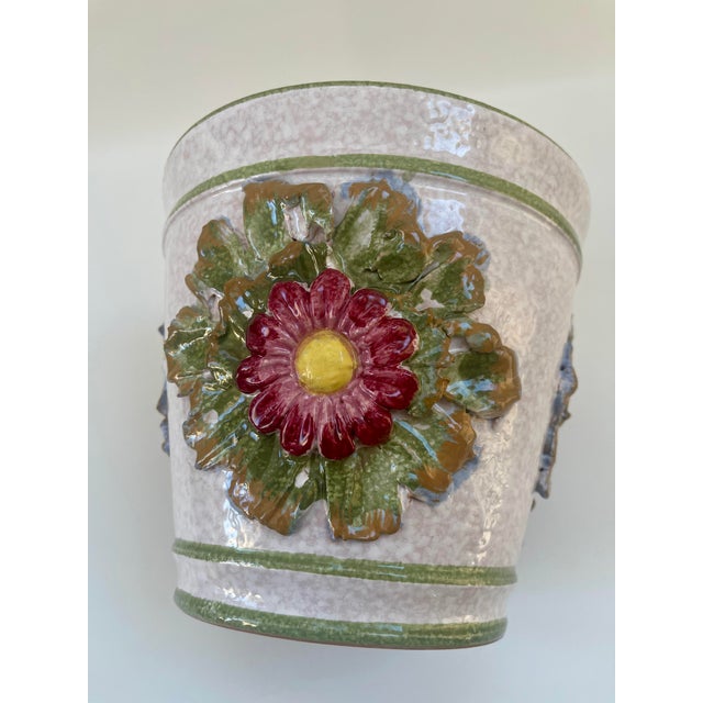 Ceramic 1970s Large Vintage Palm Beach Style Majolica Italian Hand-Painted Floral Planter For Sale - Image 7 of 7