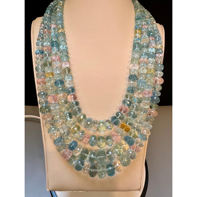 1000 Carat Natural Fine Aquamarine Bead Necklace, Four Strand in Metal Clasp For Sale - Image 17 of 18