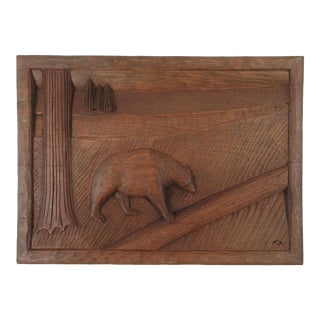 Vintage Folk Art Bear in Forest Relief Wood Carving For Sale