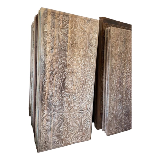Rustic Vintage Floral Carved Wooden Doors – Boho Farmhouse Statement Barn Door Wood Panels 80 For Sale