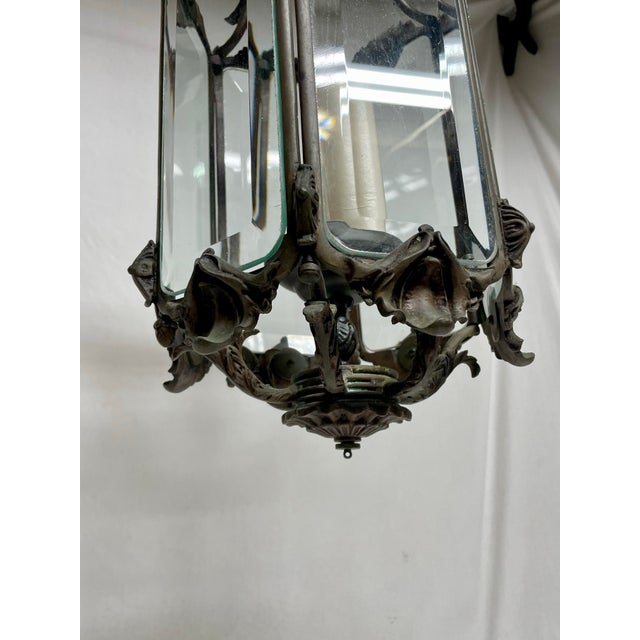 Antique Bronze and Beveled Glass Pendant For Sale - Image 9 of 12