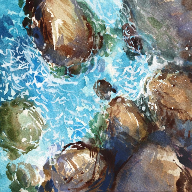 Abstract Ocean View - Original Neutral Blue Coastal Landscape Watercolor Painting on Paper For Sale - Image 3 of 6