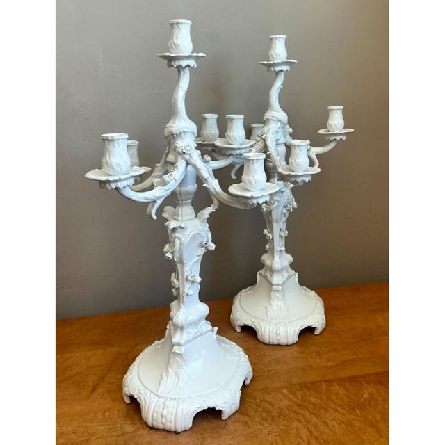 This pair of vintage KPM Berlin blanc de chine candelabras brings the refinement of German porcelain to the table, mantel,...